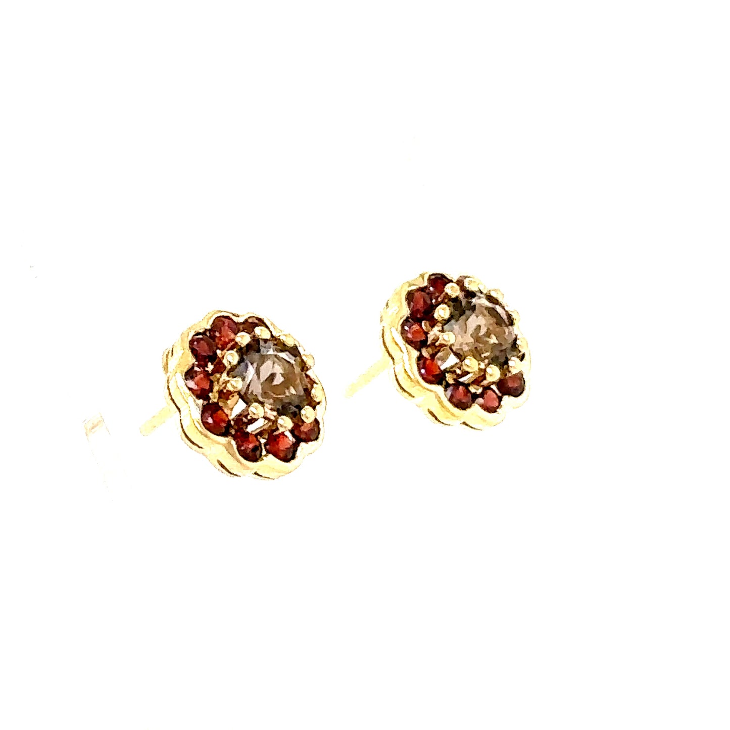 14k Yellow Gold Chocolate Diamond and Garnet Flower Earrings