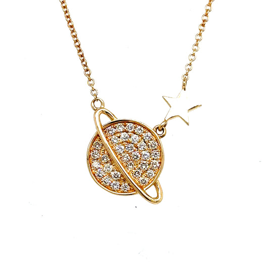 14k Gold Diamond Saturn Necklace