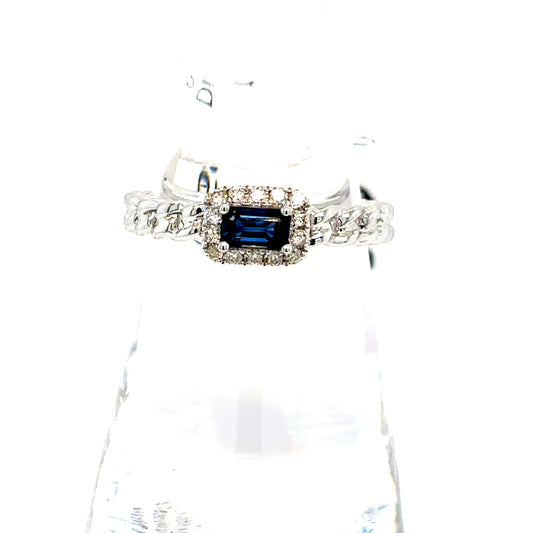 14k White Gold Diamond and Sapphire Cuban Ring