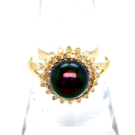 14k Gold Black Pearl & Diamond Ring