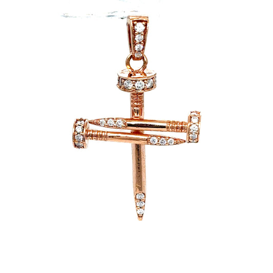 14k Rose Gold Diamond Nail Cross Pendant