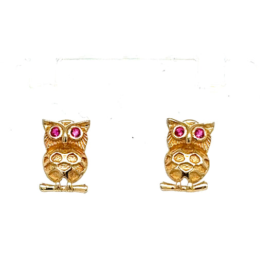 10k Gold Ruby Owl Earrings
