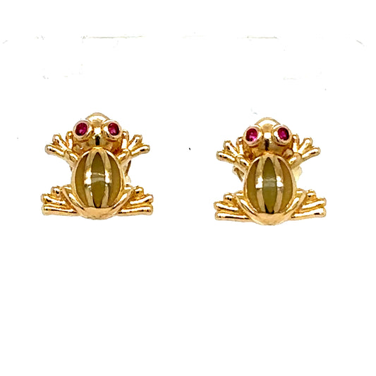 10k Gold Ruby and Enamel Frog Earrings