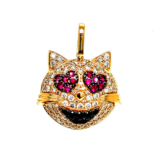 14k Gold VS Diamond & Ruby Cat Emoji Pendant