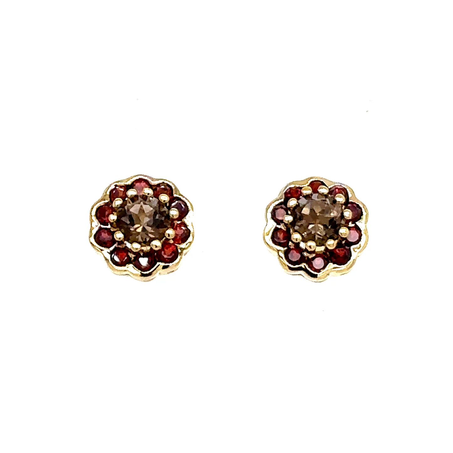 14k Yellow Gold Chocolate Diamond and Garnet Flower Earrings