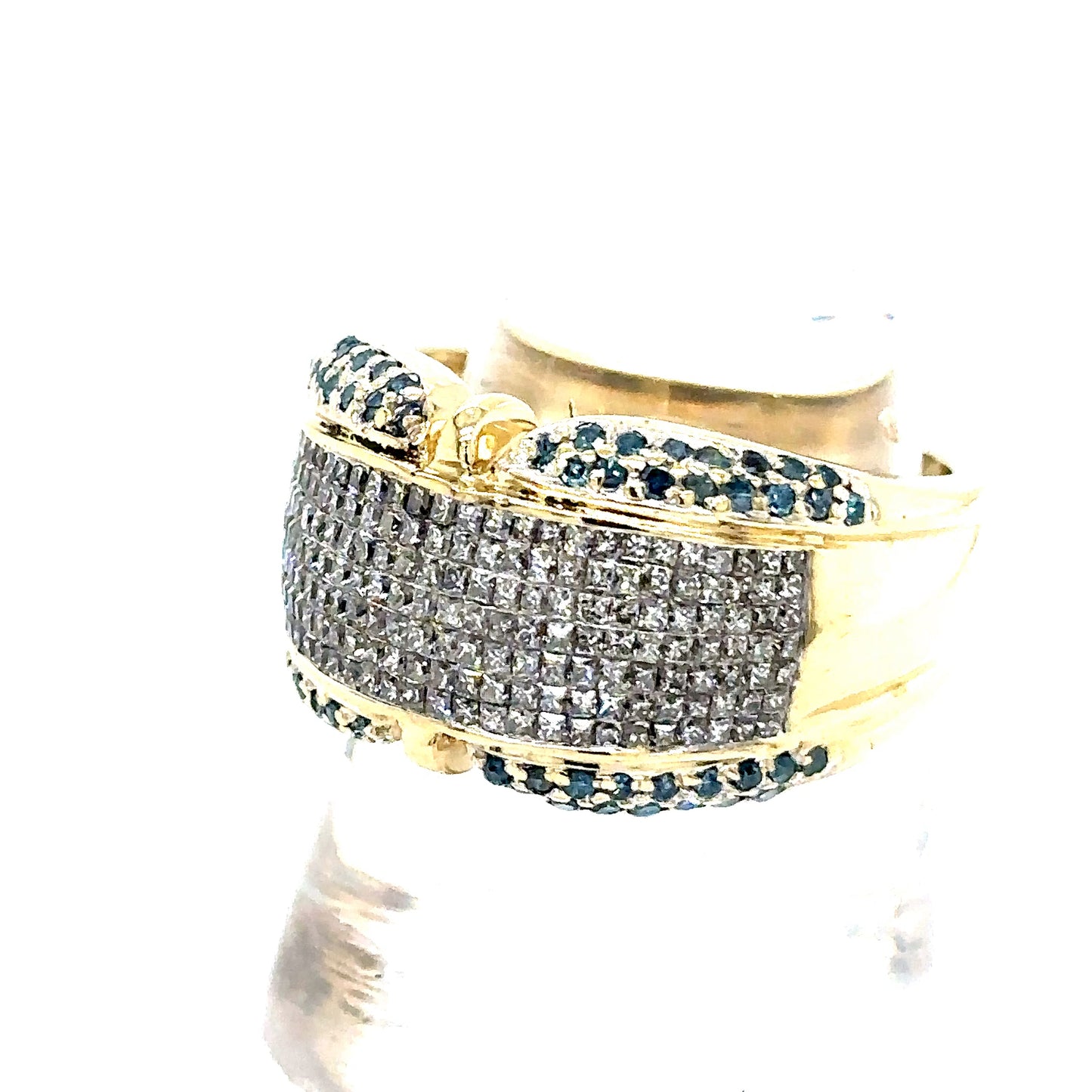 14k Yellow Gold Blue and White Diamond Ring