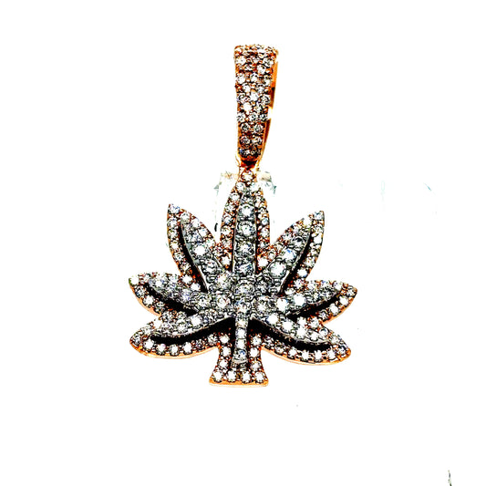 14k Rose & White Gold 3D Diamond Weed Leaf Pendant