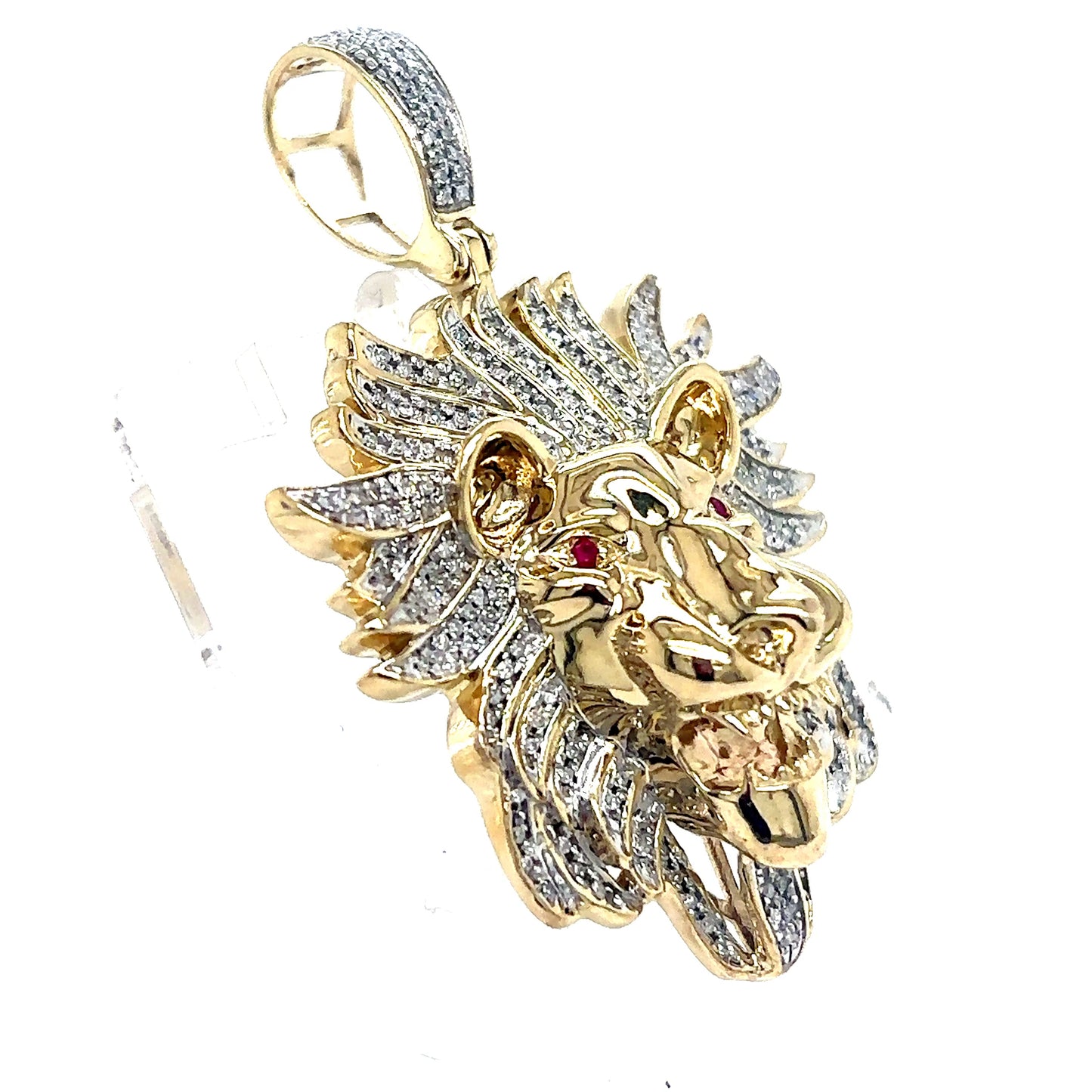 10k Gold Diamond Lion Head w/ Ruby Eyes Pendant