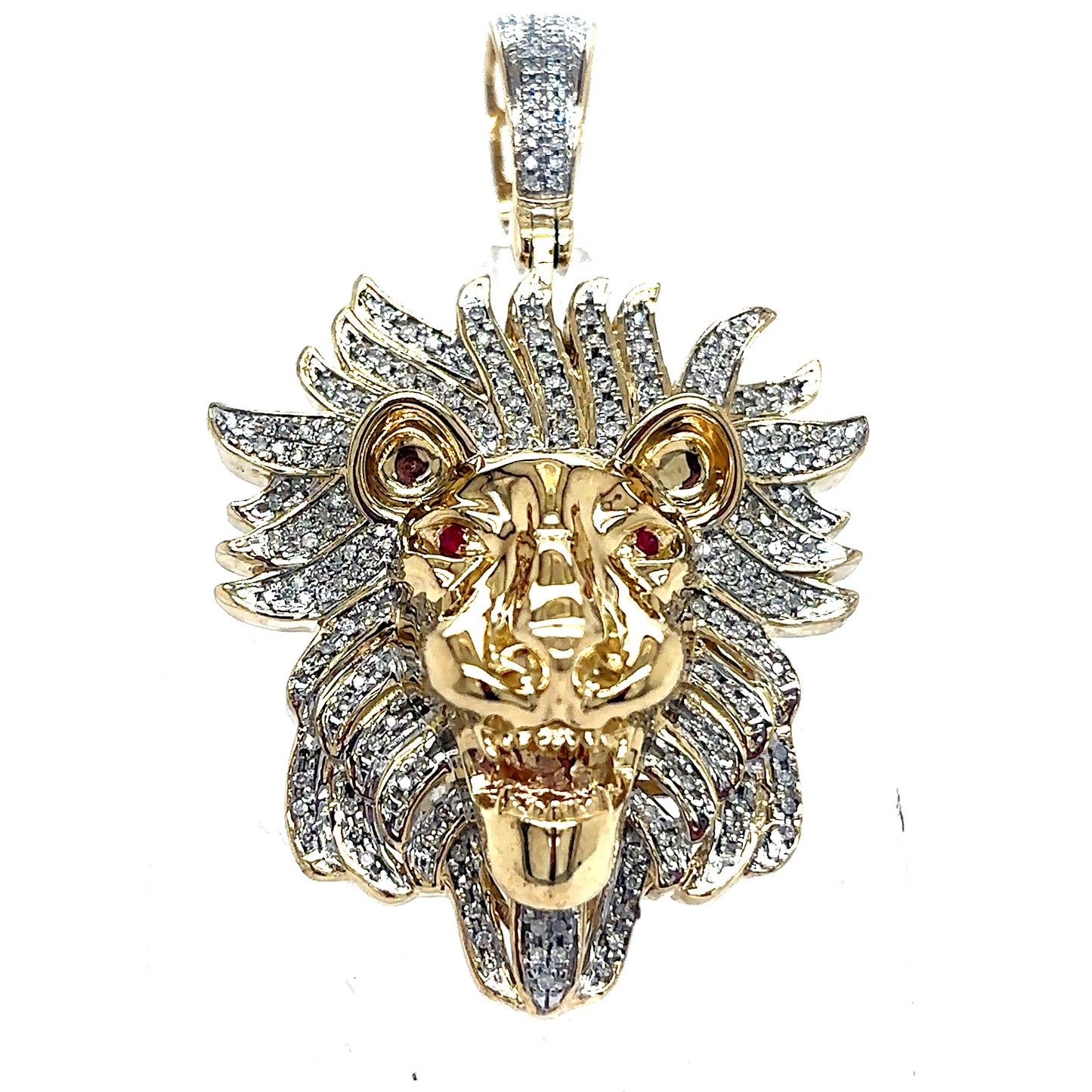 10k Gold Diamond Lion Head w/ Ruby Eyes Pendant