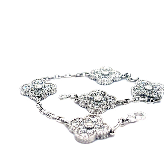 18k White Gold Diamond Design Clover Bracelet