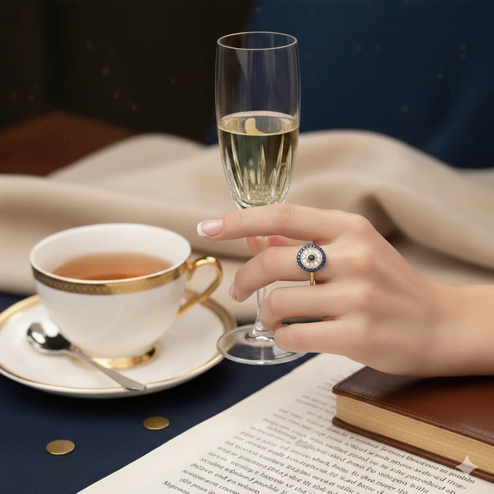 14k Diamond and Sapphire Evil Eye Ring