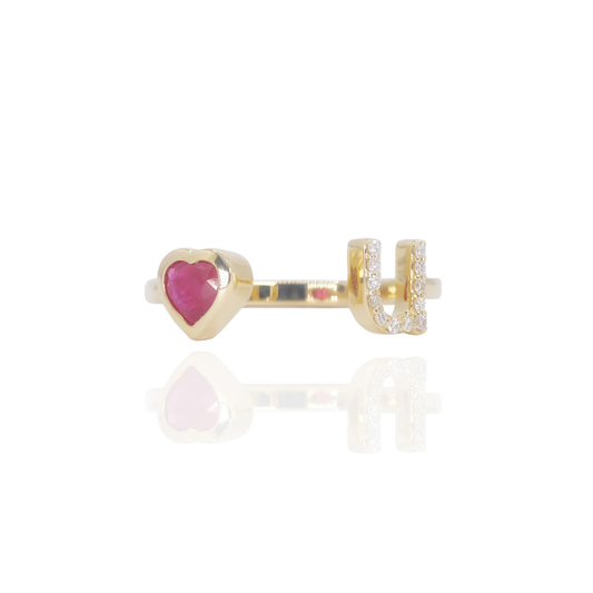14k Yellow Gold Diamond & Ruby "Love U" Ring